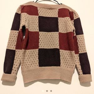 Mocha checkered heart puff sleeve sweater